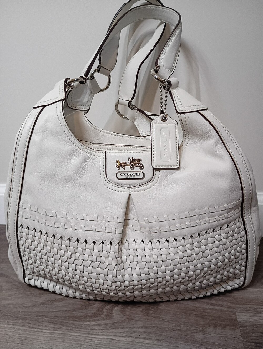 Coach Classic Madison Maggie White Woven Leather Zip Top Hobo Shoulder Handbag